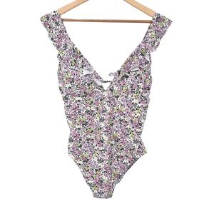Lands' End Pique Ruffle One Piece Swimsuit White‎ Multi Ditsy Floral 12 NWOT